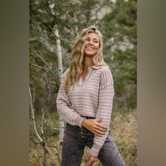 Lush Lurex Collared Oversized Sweater- Mauve - Picture 1 of 3